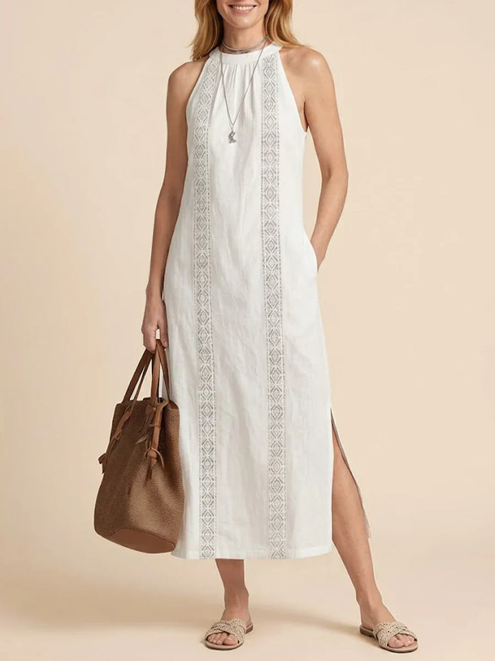 Jimena | Vestido midi de lino con cuello mao