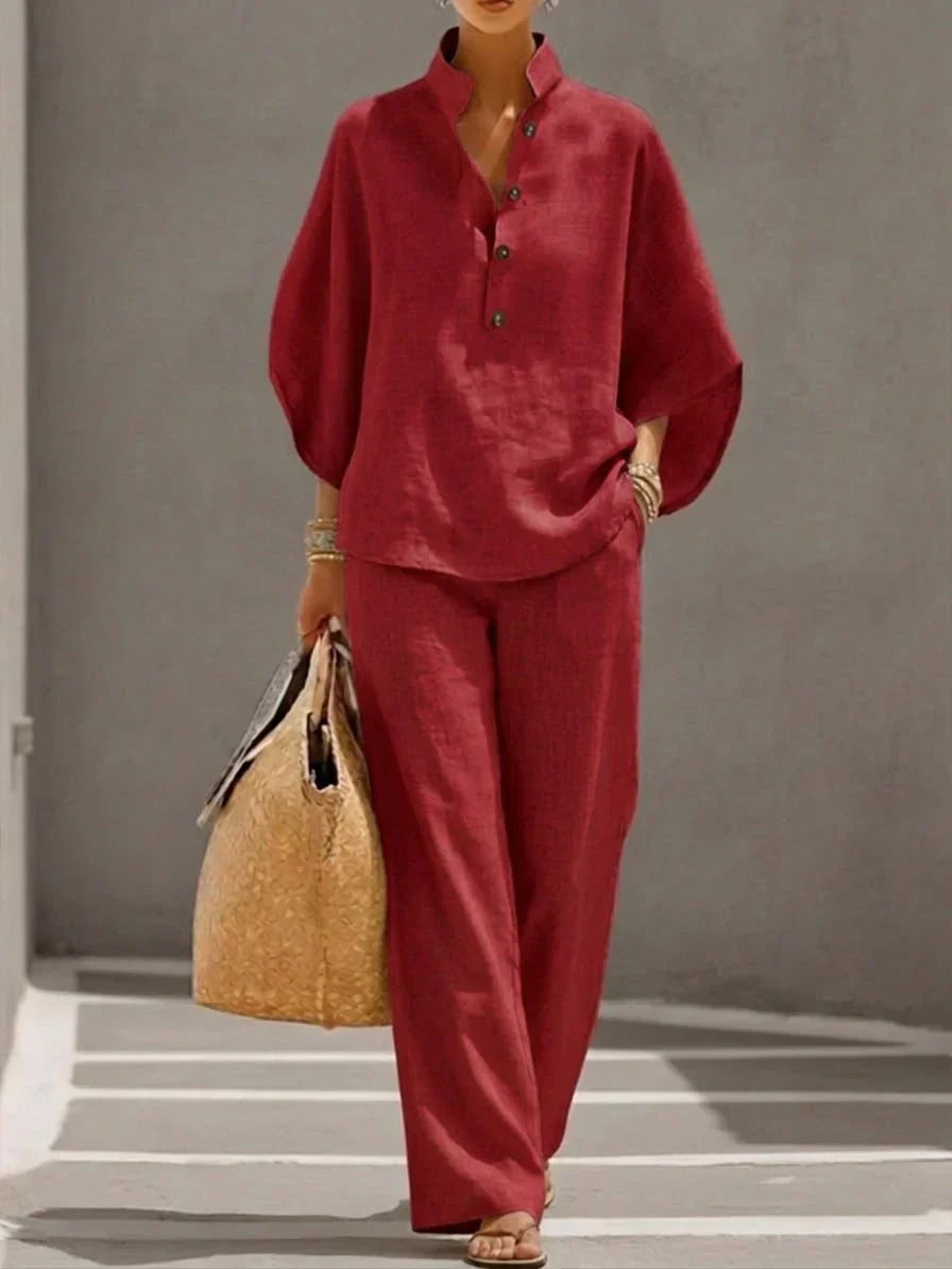 Conjunto de lino con mangas murciélago y pantalón ancho