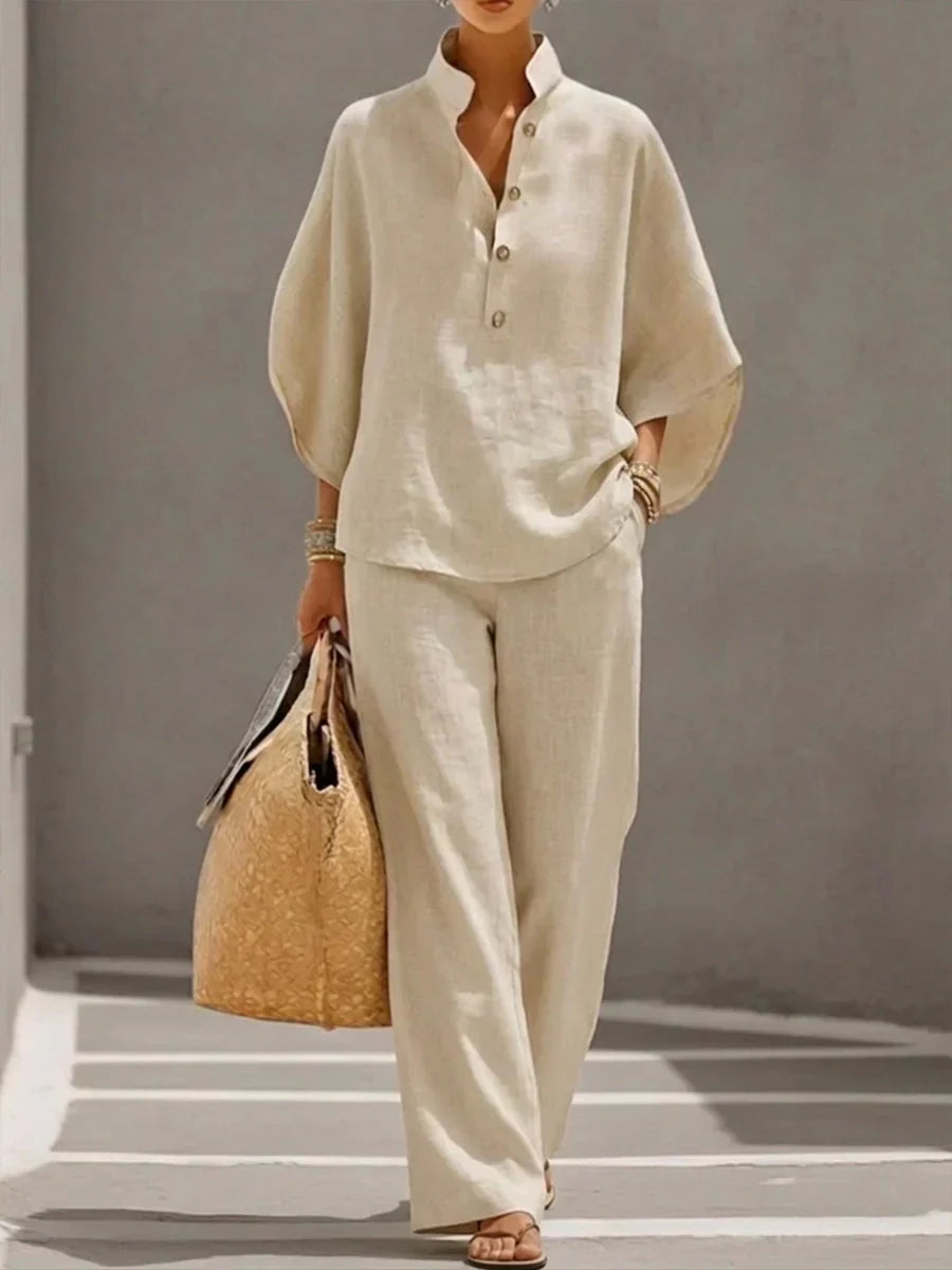 Conjunto de lino con mangas murciélago y pantalón ancho