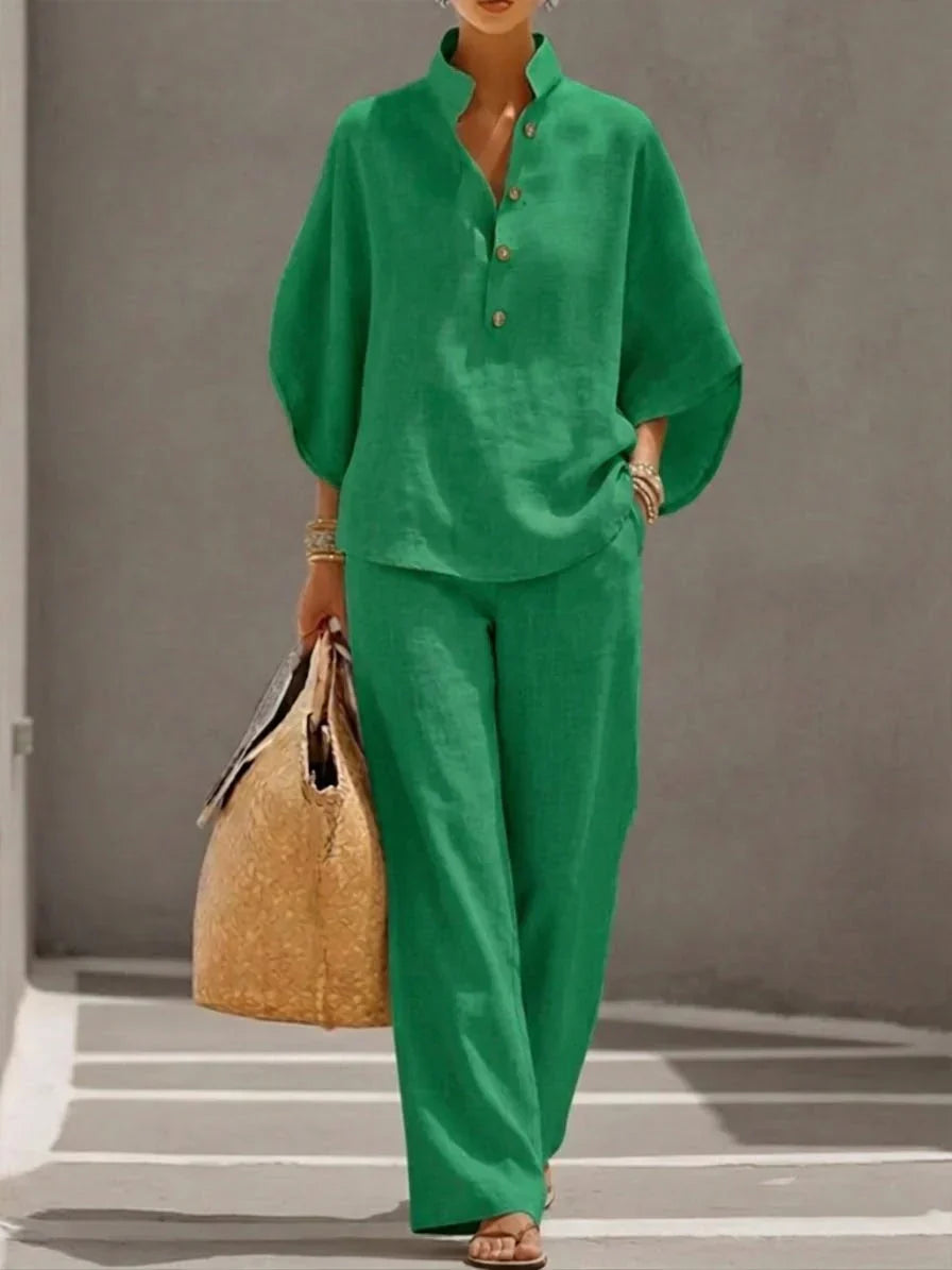 Conjunto de lino con mangas murciélago y pantalón ancho
