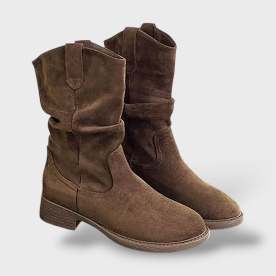 Botas de Media Caña de Antelina con Tacón Grueso Estilo Cowboy